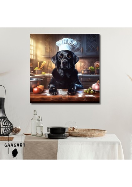 Kare Kanvas Mutfak Tablosu Aşçı Hayvanlar Siyah Labrador Köpek