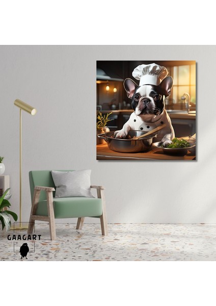 Kare Kanvas Mutfak Tablosu Aşçı Hayvanlar Siyah French Bulldog