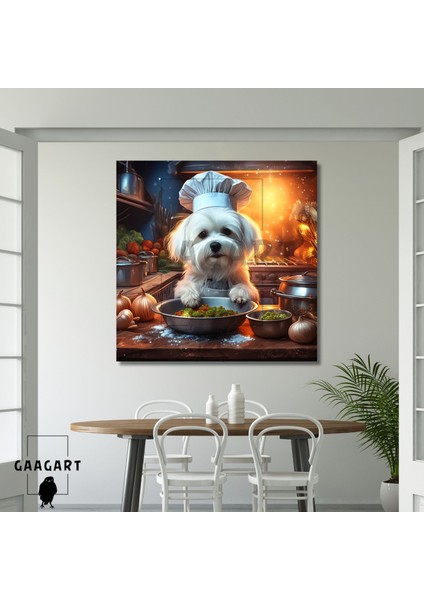 Kare Kanvas Mutfak Tablosu Aşçı Hayvanlar Beyaz Maltese Köpek