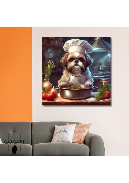 Kare Kanvas Mutfak Tablosu Aşçı Hayvanlar Shih Tzu Köpek