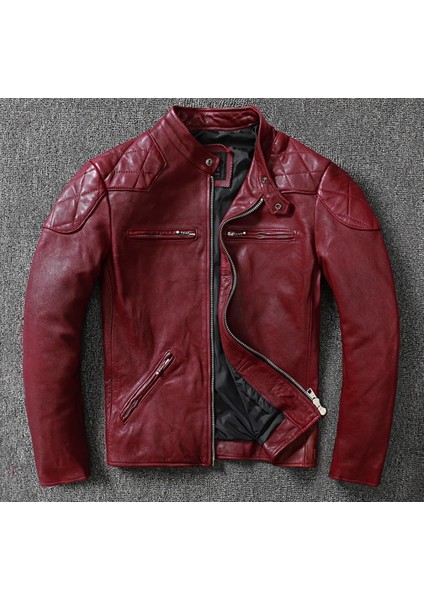 Vintage Erkek Motosiklet Deri Mont Şarap Kırmızı Renk Slimfit Tasarım Özellikli