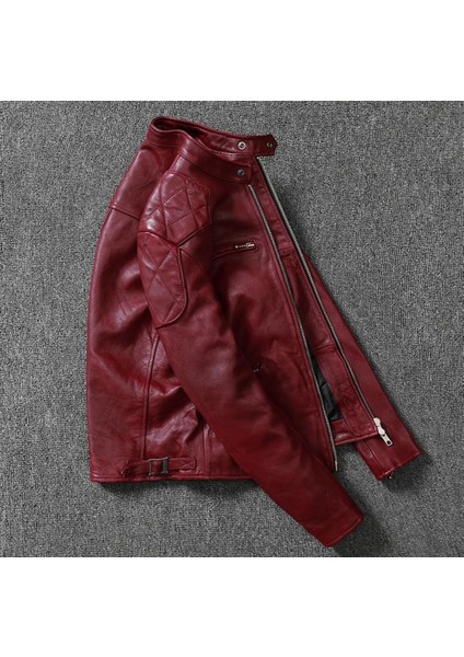 Vintage Erkek Motosiklet Deri Mont Şarap Kırmızı Renk Slimfit Tasarım Özellikli fiyatları