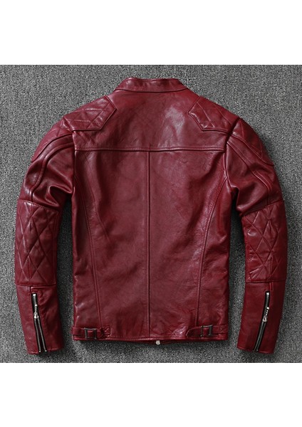 Vintage Erkek Motosiklet Deri Mont Şarap Kırmızı Renk Slimfit Tasarım Özellikli modelleri