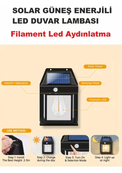 Solar Güneş Enerjili Bahçe,Teras,Balkon,Dış Mekan Sensörülü Kademeli Filament Led Aydınlatma Fener