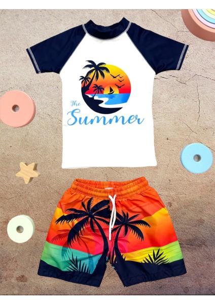 Erkek Çocuk Gün Batımı Palmiye -Summer- Desen T-Shirt Şort Mayo Seti Üst Dalgıç Alt Paraşüt fiyatları