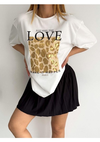 Bisiklet Yaka Pamuk Tişört Gold Varaklı Love Baskılı T-Shirt