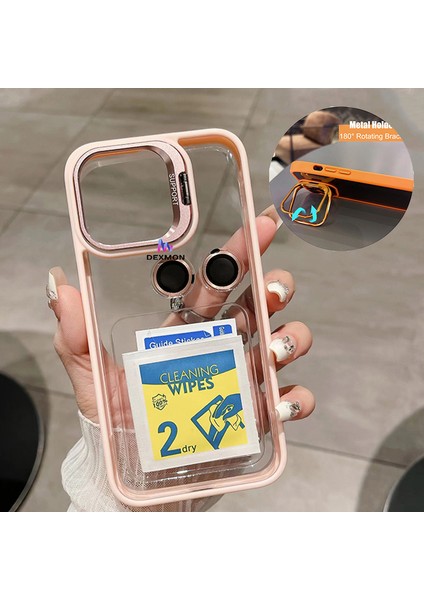 iPhone 14 Uyumlu Kılıf + Lens Koruyucu Set Kamera Stant Özellikli Arkası Sararmaz Şeffaf Kenarı Silikon