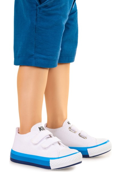 Linen Cırtlı Erkek Bebek Keten Spor Ayakkabı Beyaz - Mavi