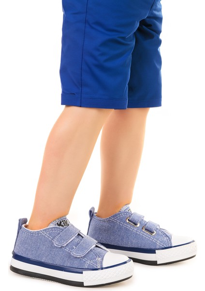 Linen Cırtlı Erkek Bebek Keten Spor Ayakkabı Kot Mavi