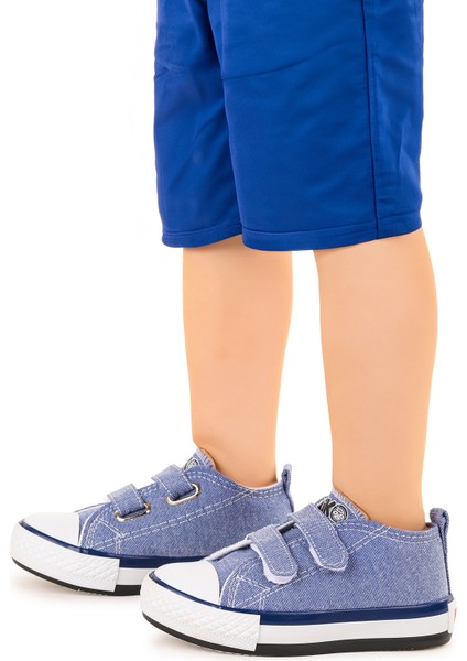 Linen Cırtlı Erkek Bebek Keten Spor Ayakkabı Kot Mavi