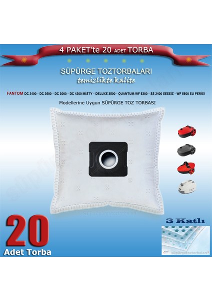 Fantom Dc 2400 - Dc 2600 - Dc 3000 - Dc 4200 Misty - Deluxe 3500 - Quantum Wf 5300 - Ss 2400 Sessiz - Wf 5500 Su Perisi Modellerine Uygun Süpürge Toz Torbası 201120