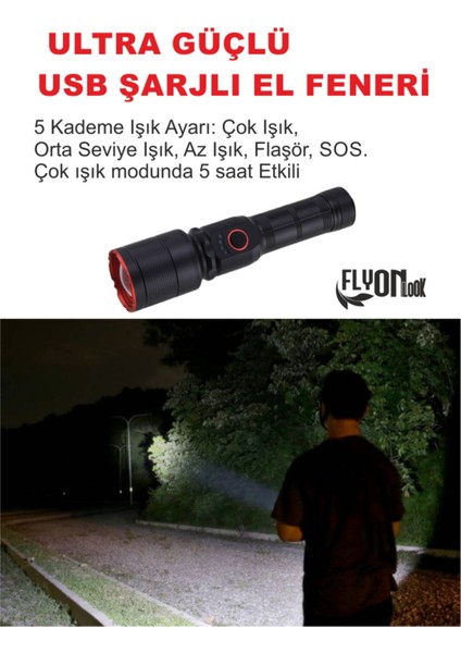 Ultra Güçlü Şarjlı El Feneri 5 Kademeli Güçlü Modda 5 Saat Etkili El Feneri 20W LED Lamba