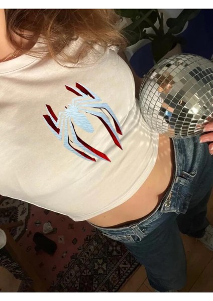 Beyaz Örümcek Adam Spiderman Logo Tasarım Baskılı Crop Body