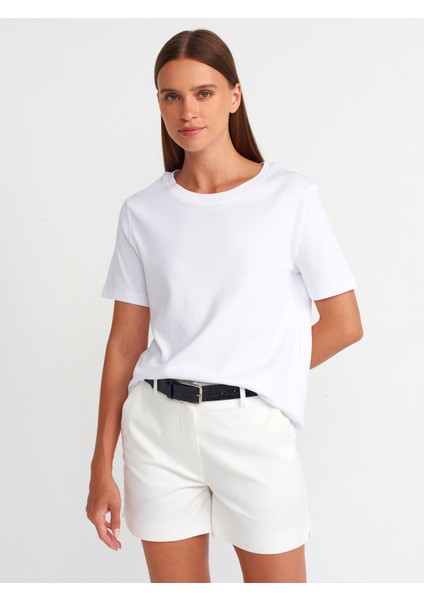 31142 Bisiklet Yaka T-Shirt-Beyaz