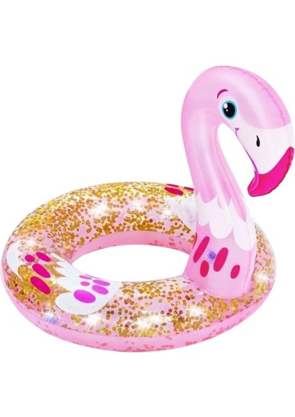 Metalik 3-6 Yaş Simli Flamingo Başlı Simit Şişme Deniz Havuz Simidi Çocuk Yüzme Simidi 61 cm