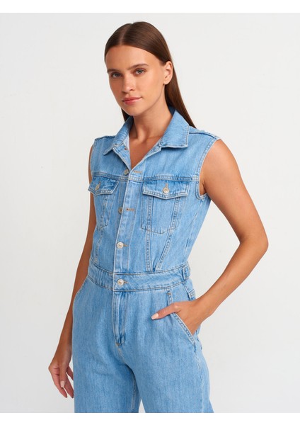 71674 Pensli Kolsuz Denim Tulum-Mavi