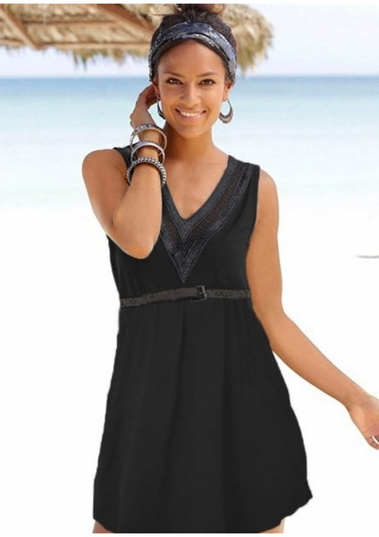 Kadın Kolsuz Dantelli V Yaka Viskon Elbise(Kemersiz) fiyatları