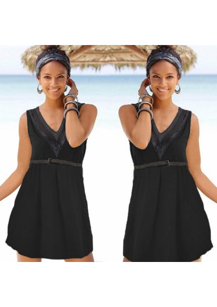 Kadın Kolsuz Dantelli V Yaka Viskon Elbise(Kemersiz) modelleri