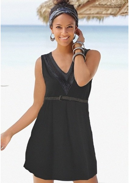 Kadın Kolsuz Dantelli V Yaka Viskon Elbise(Kemersiz) indirimleri