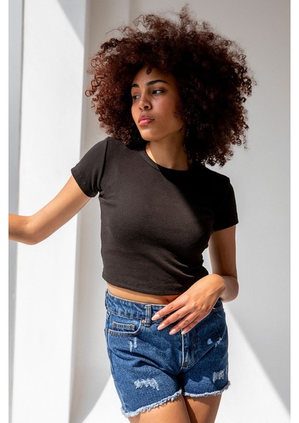 Fitilli Bisiklet Yaka Basic Tshirt