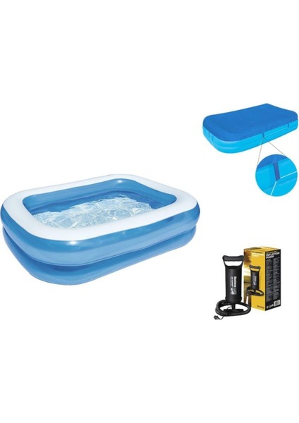 Pompa Dahildir Şişme Aile Havuzu, Pompa ve Örtü Full Set- 54005-62002-58319 Mavi Şişme