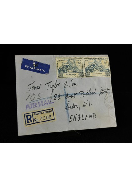 Uçak Postası Air Mail 1949 Yılından Bahama'lardan Ingiltereye Postalanmış 2x 6d Pullu Taahhütlü Zarf