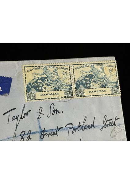 Uçak Postası Air Mail 1949 Yılından Bahama'lardan Ingiltereye Postalanmış 2x 6d Pullu Taahhütlü Zarf