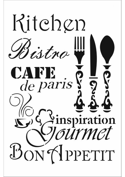 Stencil Sarayi Boyama Şablon Mutfak Obje ve Yazıları - 4136