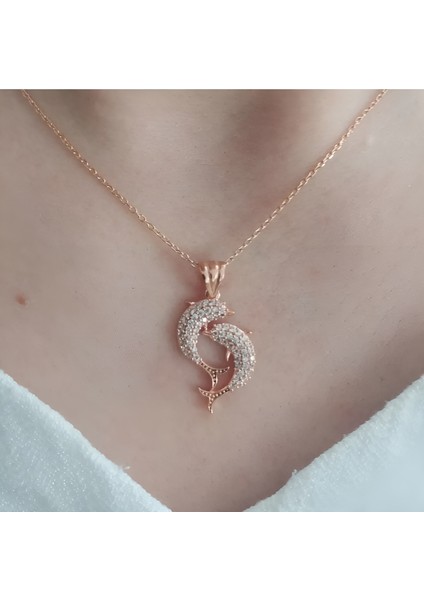 925 Ayar Gümüş - Ikili Yunus Balığı Rose Kolye ve Zincir