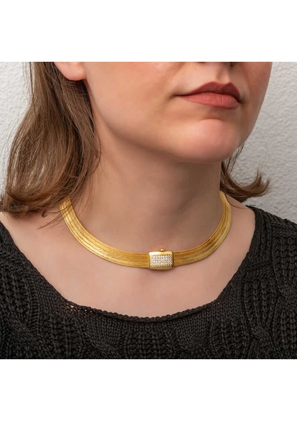 Gümüş Gold Zirkon Taşlı Trabzon Hasır Kadın Kolye modelleri