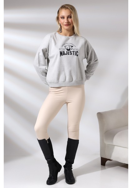 Baskılı Oversize Kalıp Şardonlu Sweatshirt 21501 Karmelanj