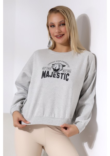 Baskılı Oversize Kalıp Şardonlu Sweatshirt 21501 Karmelanj
