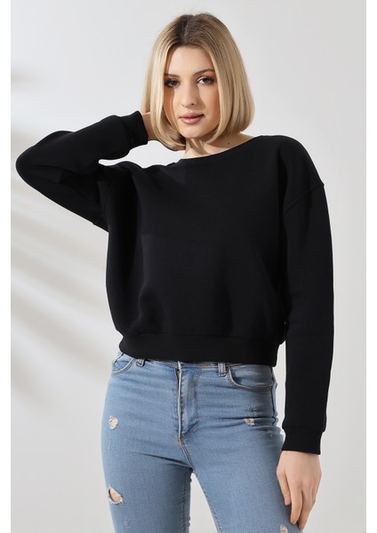 Şardonlu Oversize Bisiklet Yaka Geniş Kalıp Sweatshirt 21614 Siyah