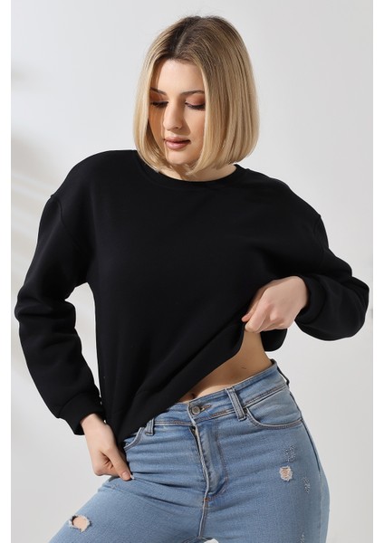 Şardonlu Oversize Bisiklet Yaka Geniş Kalıp Sweatshirt 21614 Siyah modelleri