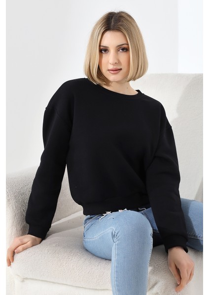 Şardonlu Oversize Bisiklet Yaka Geniş Kalıp Sweatshirt 21614 Siyah fırsatları