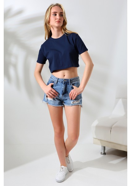 Kolu Katlamalı Geniş Crop Esnek Pamuklu Kompakt Tshirt 21754 Lacivert