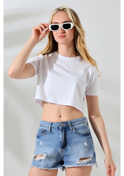 Kolu Katlamalı Geniş Crop Esnek Pamuklu Kompakt Tshirt 21754 Beyaz