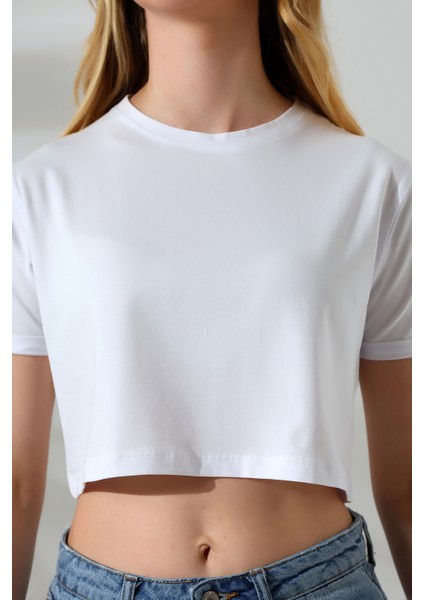 Kolu Katlamalı Geniş Crop Esnek Pamuklu Kompakt Tshirt 21754 Beyaz modelleri