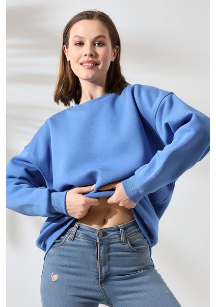 Şardonlu Bisiklet Yaka Oversize Sweatshirt 21620 Mavi