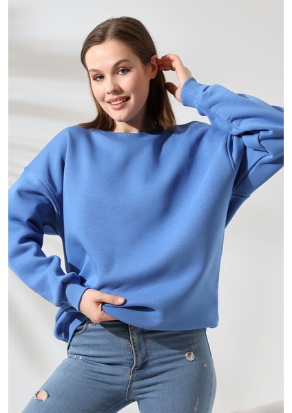 Şardonlu Bisiklet Yaka Oversize Sweatshirt 21620 Mavi fiyatları