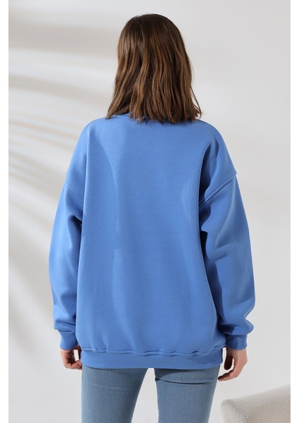 Şardonlu Bisiklet Yaka Oversize Sweatshirt 21620 Mavi fırsatları