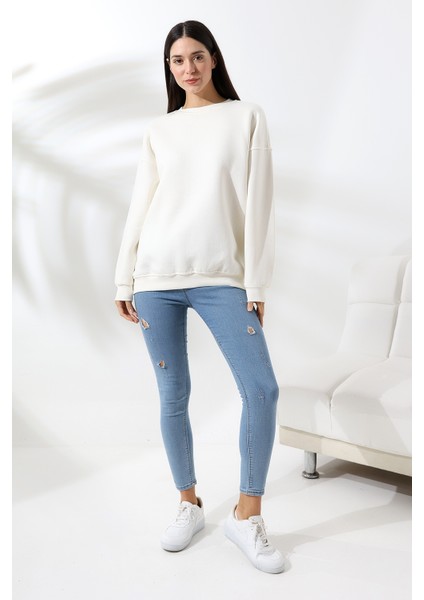 Şardonlu Bisiklet Yaka Oversize Sweatshirt 21620 Ekru