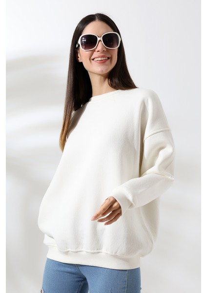 Şardonlu Bisiklet Yaka Oversize Sweatshirt 21620 Ekru fiyatları
