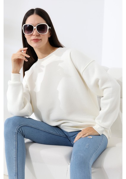 Şardonlu Bisiklet Yaka Oversize Sweatshirt 21620 Ekru modelleri