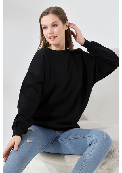 Şardonlu Bisiklet Yaka Oversize Sweatshirt 21620 Siyah modelleri