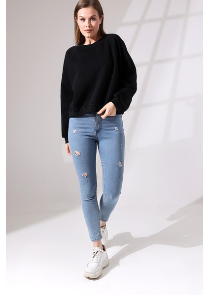 Şardonlu Reglan Kol Bisiklet Yaka Oversize Sweatshirt 21625 Siyah