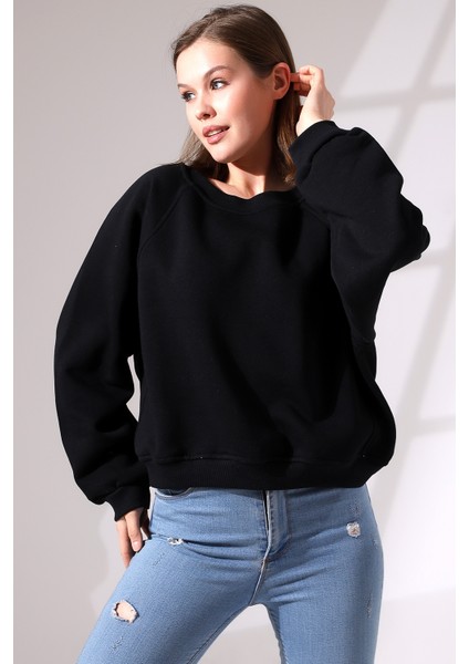 Şardonlu Reglan Kol Bisiklet Yaka Oversize Sweatshirt 21625 Siyah fiyatları