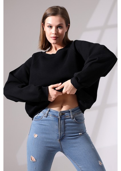 Şardonlu Reglan Kol Bisiklet Yaka Oversize Sweatshirt 21625 Siyah modelleri