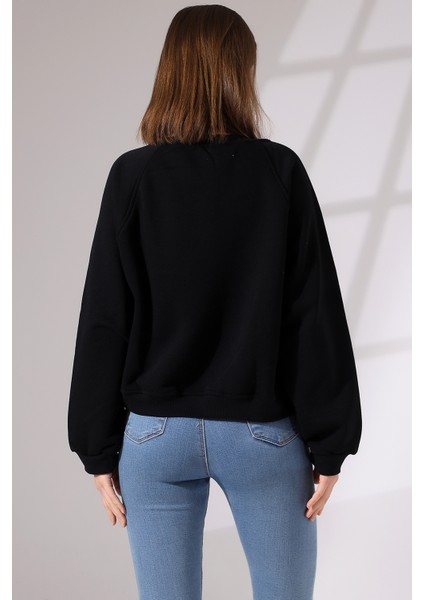 Şardonlu Reglan Kol Bisiklet Yaka Oversize Sweatshirt 21625 Siyah fırsatları