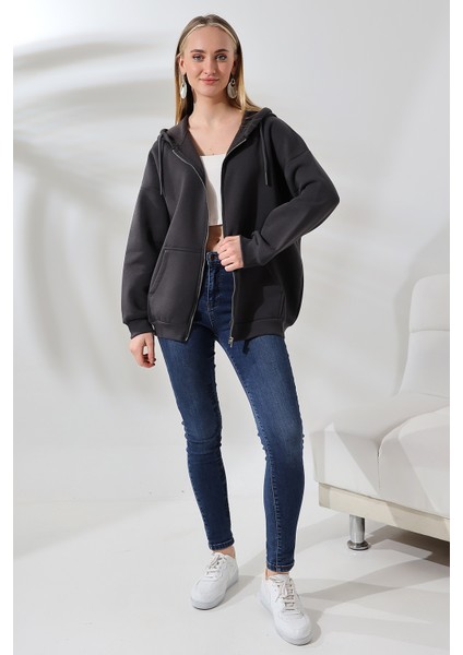 Şardonlu Fermuarlı Kapüşonlu Oversize Sweatshirt 21618 Füme